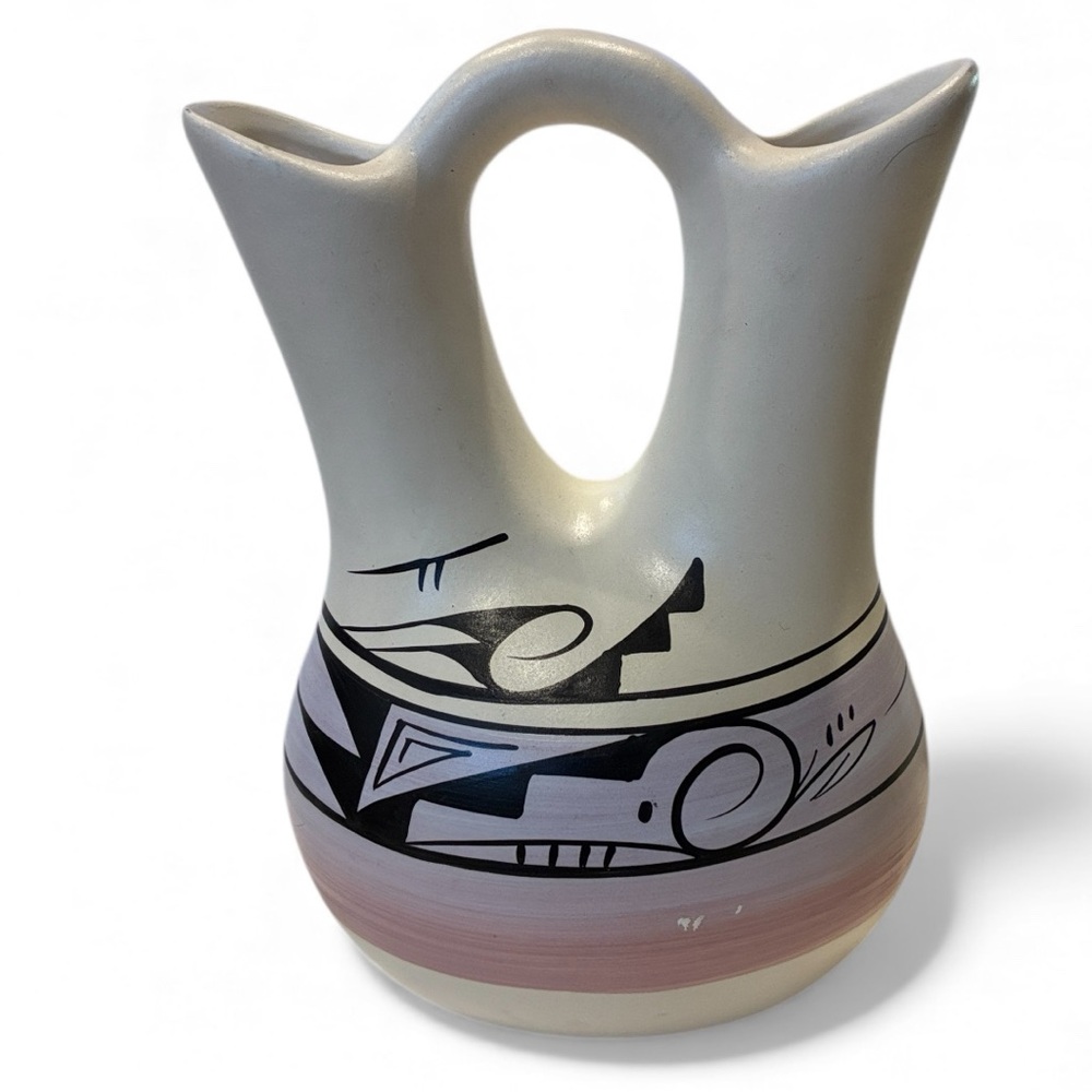 Native American Navajo Bridal Vase W/ Black Pink Purple Accents Double Spout